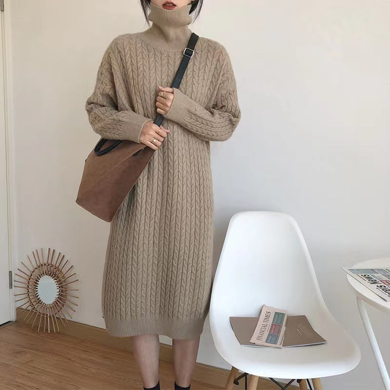 Damen Strickkleid Strukturiertes Zopfdesign Hochkragen Norvielle