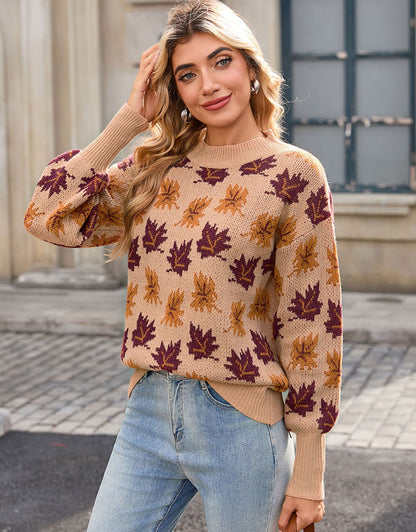 Damen Strickpullover Herbstblätter Design Norvielle