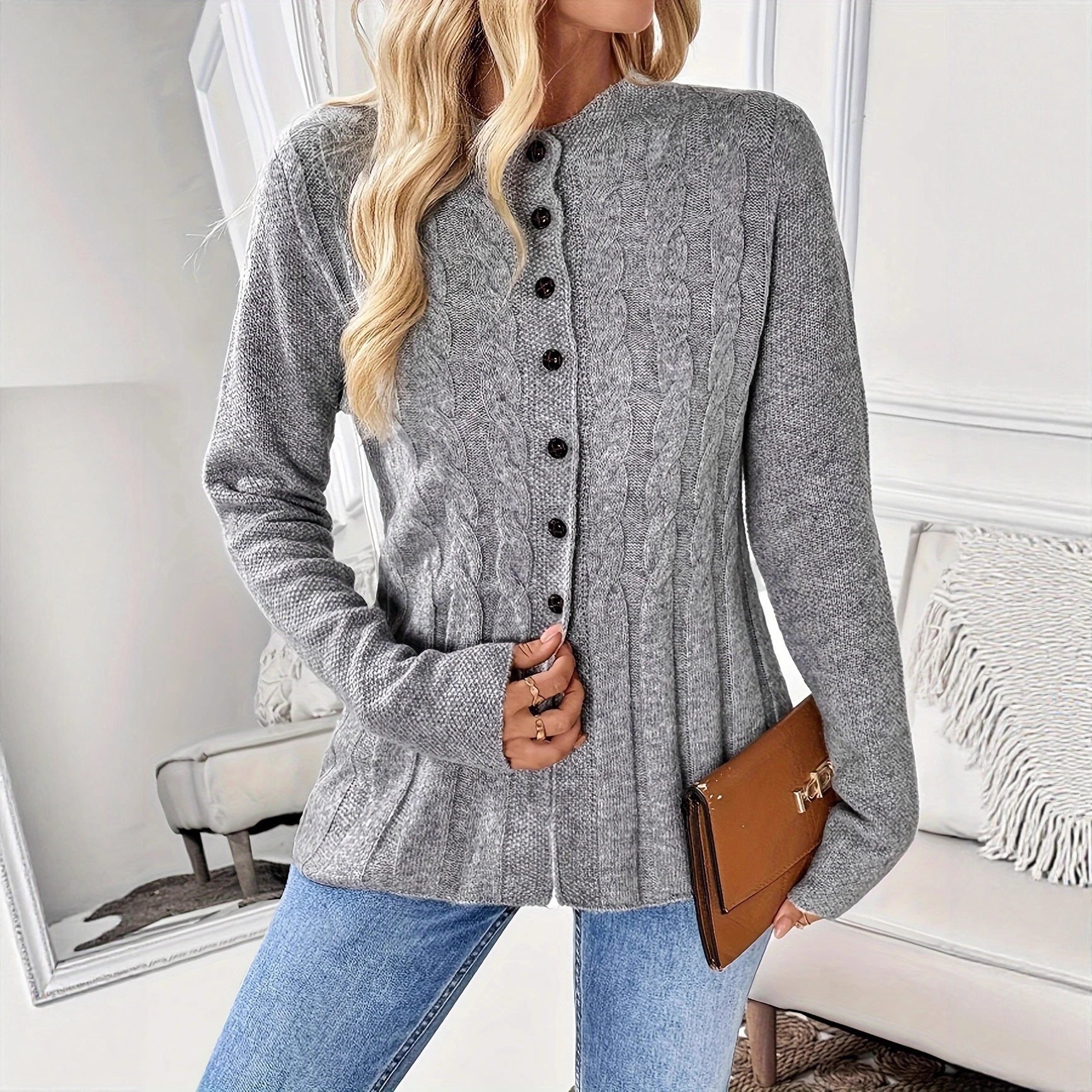 Damen Strickjacke Kabelstrick Modern Knöpfe Beige - Norvielle