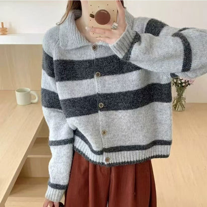 Damen Strickjacke Breitgestreift Femininer Kragen