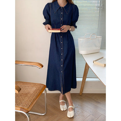 Damen Midikleid Denim Voluminöse Ärmel Knöpfe
