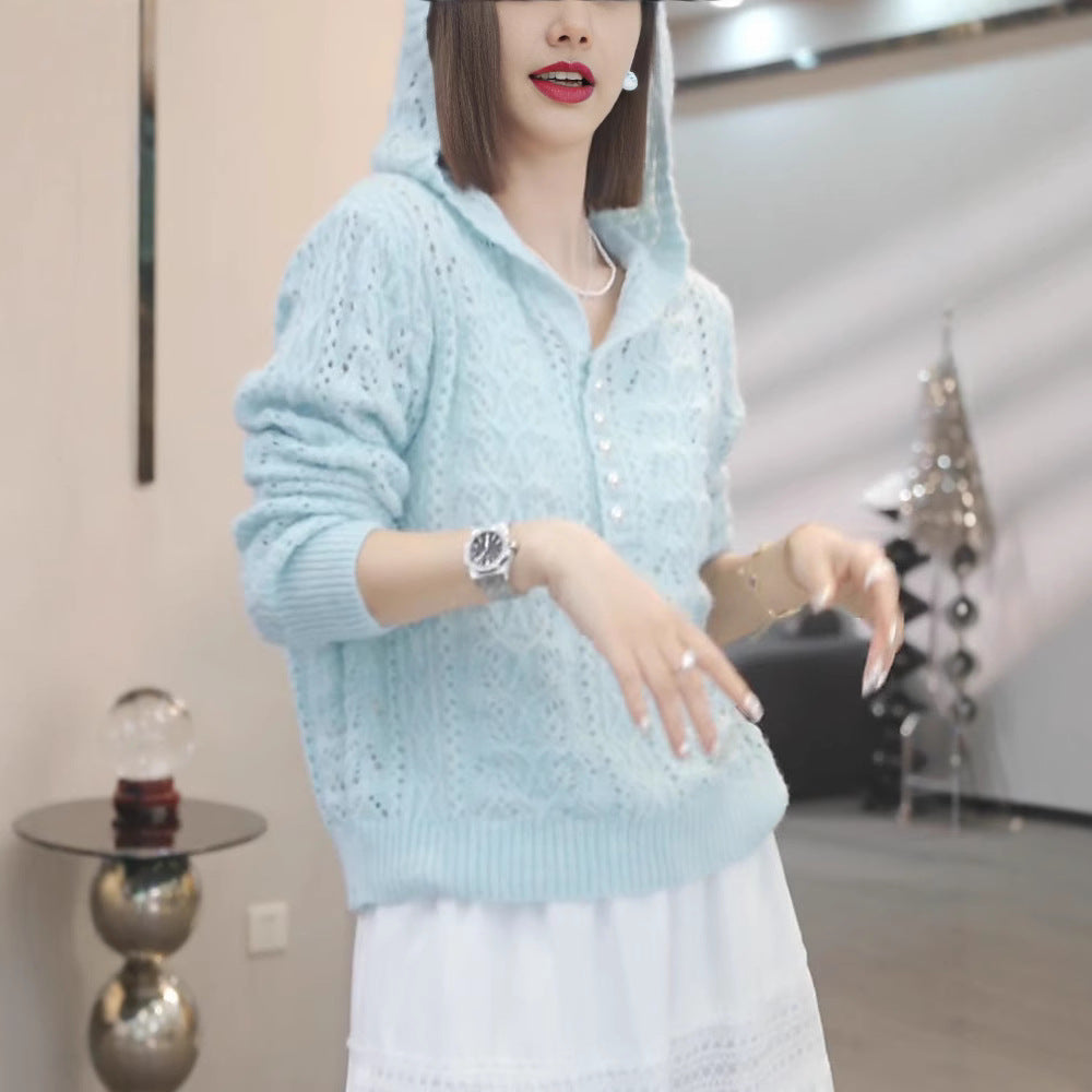 Damen Strickpullover mit Kapuze und Knöpfen Norvielle