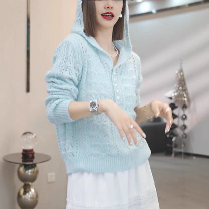 Damen Strickpullover mit Kapuze und Knöpfen Norvielle