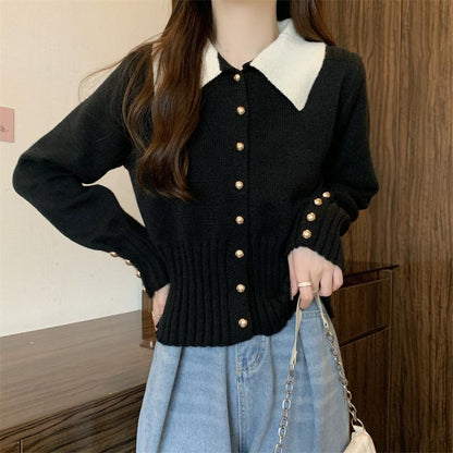 Damen Strickpullover Eleganter Kragen Knopfdetails Norvielle