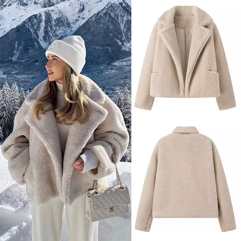 Damen Plüschjacke Reverskragen Taschen Norvielle - Norvielle