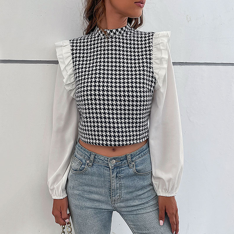 Damen Crop- Voluminöse Ärmel Karo Muster