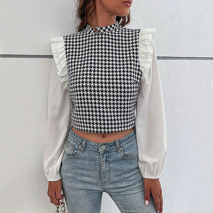 Damen Crop- Voluminöse Ärmel Karo Muster