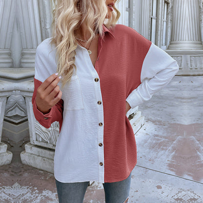 Damen Oversized Blusenhemd 2-Farb-Design Modische Knöpfe Norvielle
