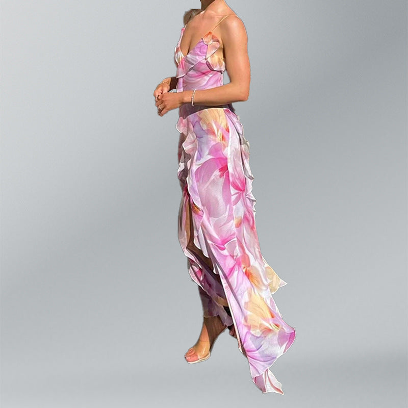 Damen Maxikleid Florale Rüschen Eleganter Schlitz