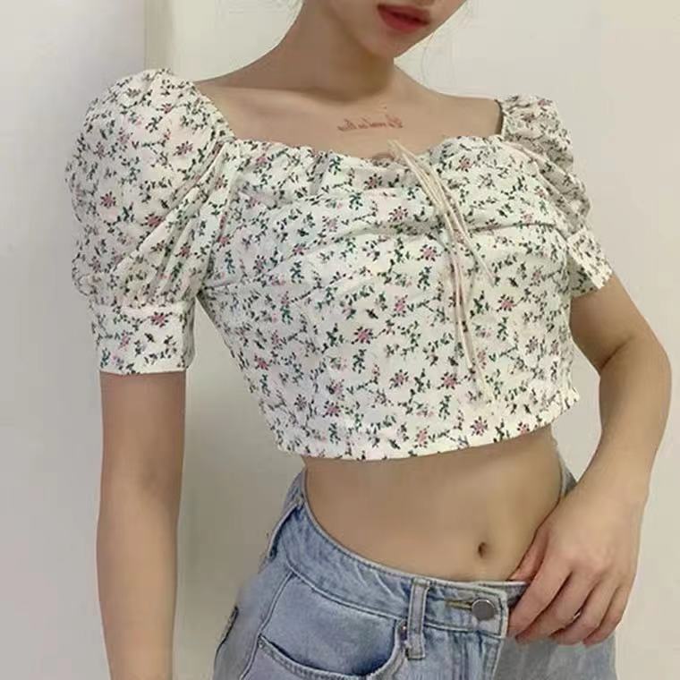 Damen Crop- Puffärmel Floralmuster