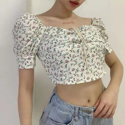 Damen Crop- Puffärmel Floralmuster