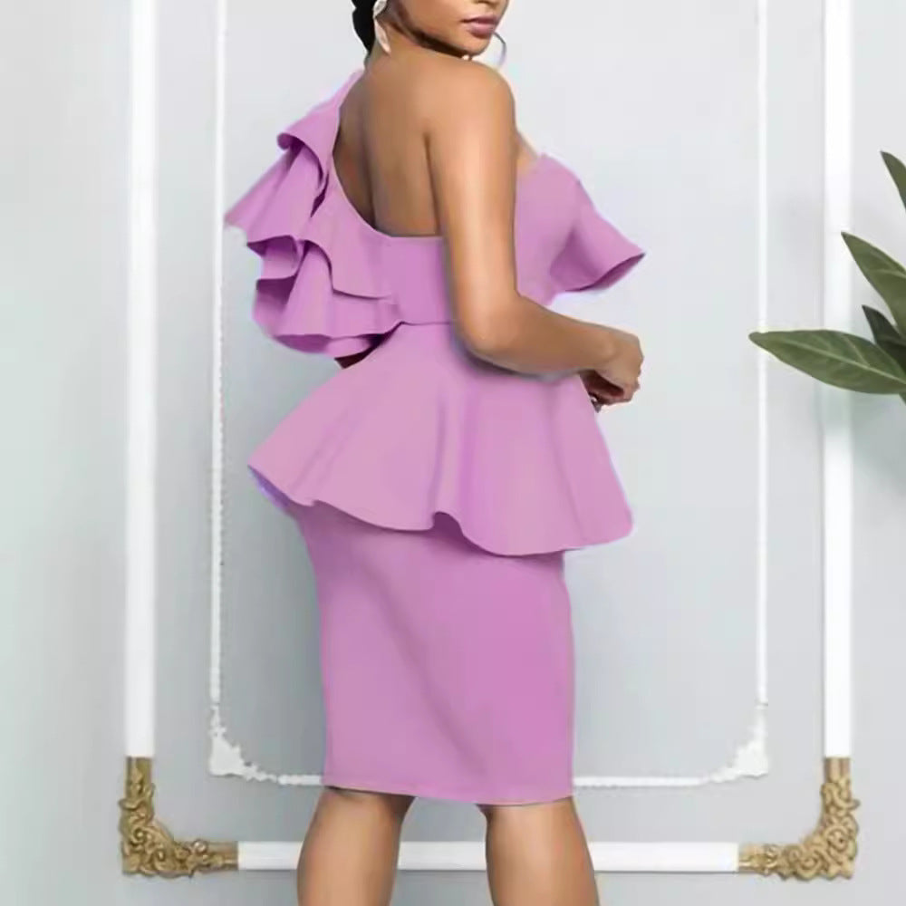 Damen Peplum-Kleid Figurnah Asymmetrischer Ausschnitt Rüschendetails