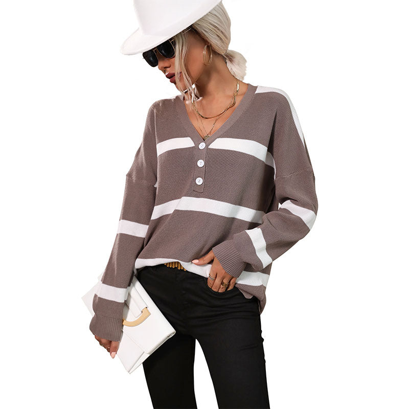 Damen Strickpullover V-Ausschnitt Knopf Norvielle