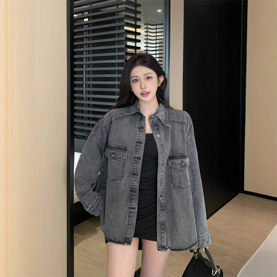 Damen Denim-Hemdjacke Lässig Große Taschen