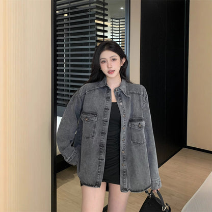 Damen Denim-Hemdjacke Lässig Große Taschen
