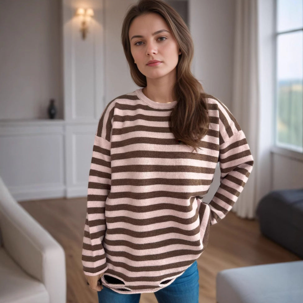 Damen Oversized-Pullover aus Strickstoff mit lässigem Streifenmuster - Norvielle
