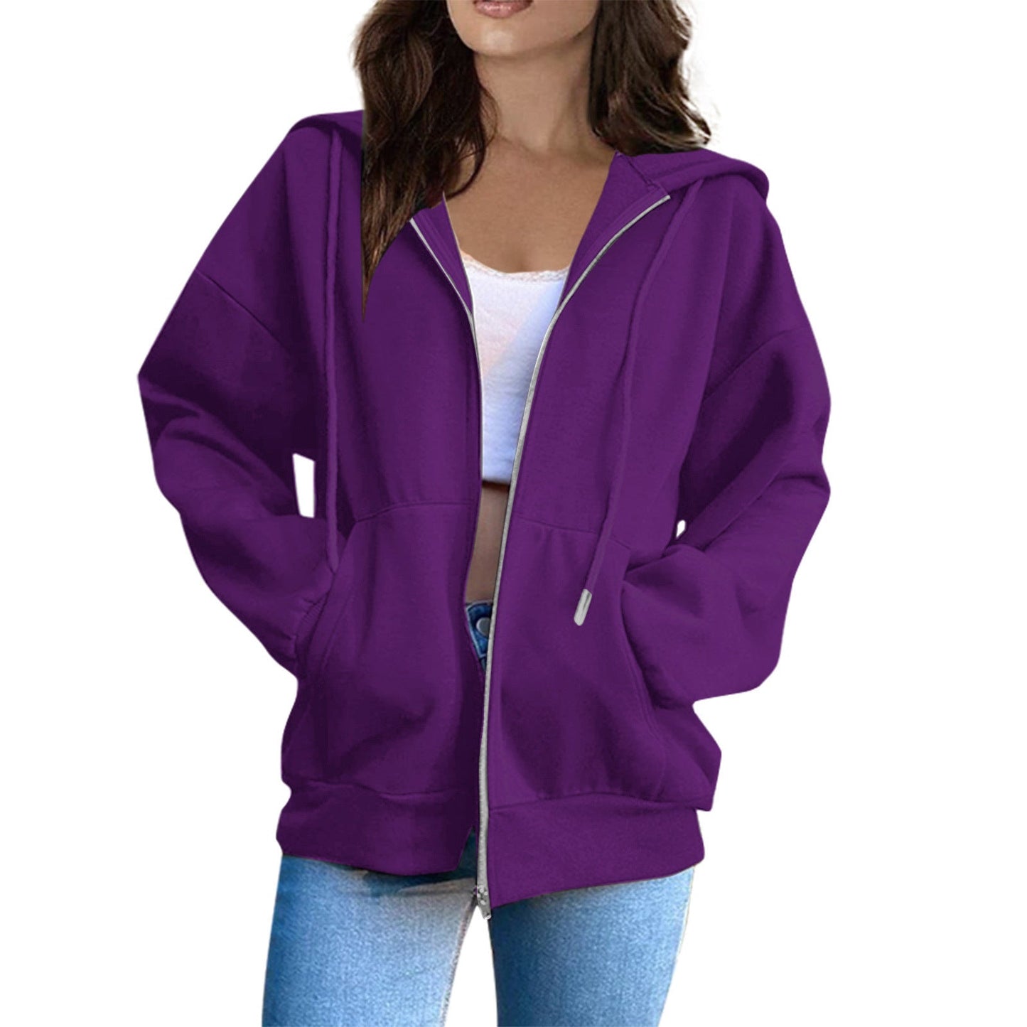 Damen Oversized Kapuzenjacke Mit Reißverschluss Und Taschen