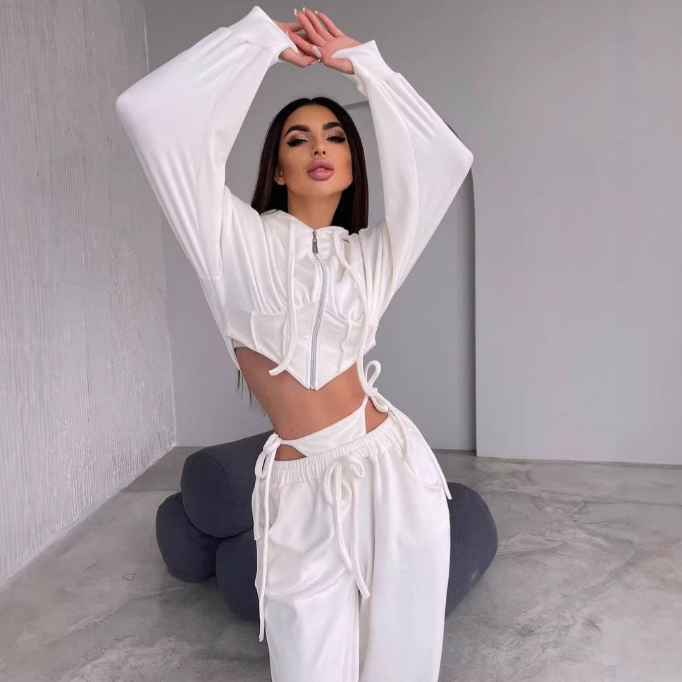 Damen Sportliches Velours-Cropped-Set mit Reißverschluss und