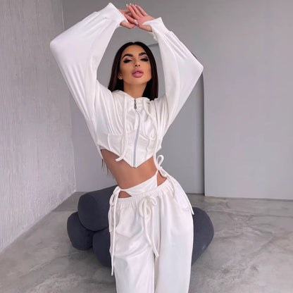 Damen Sportliches Velours-Cropped-Set mit Reißverschluss und