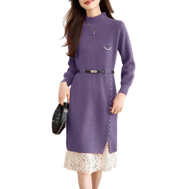 Damen Strickkleid mit Perlen und Gürtel