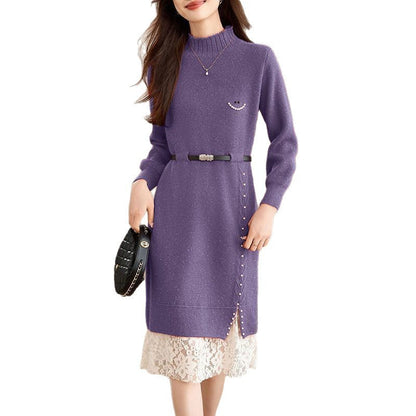 Damen Strickkleid mit Perlen und Gürtel