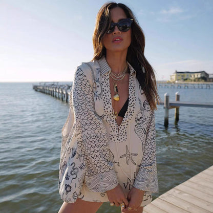 Damen Strandbluse Maritim Stickerei
