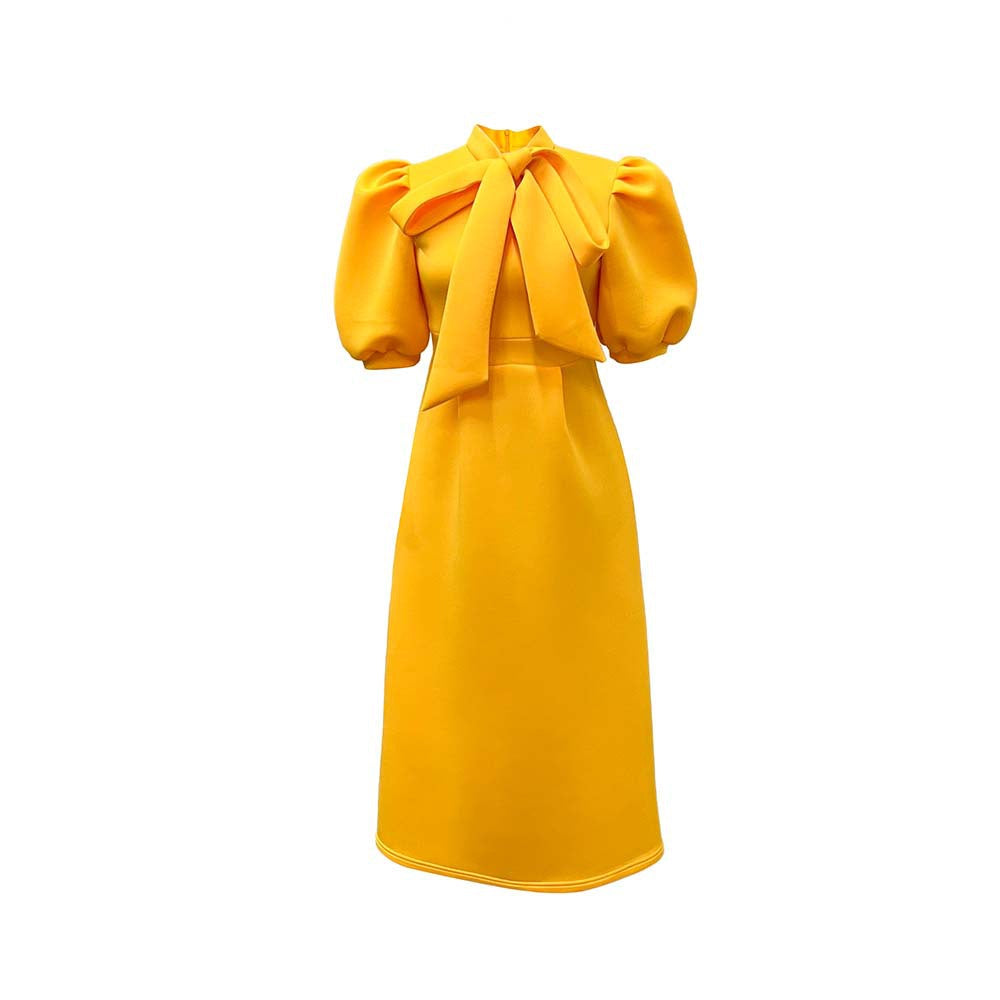 Damen Elegantes Midi-Kleid Puffärmel Bindegürtel