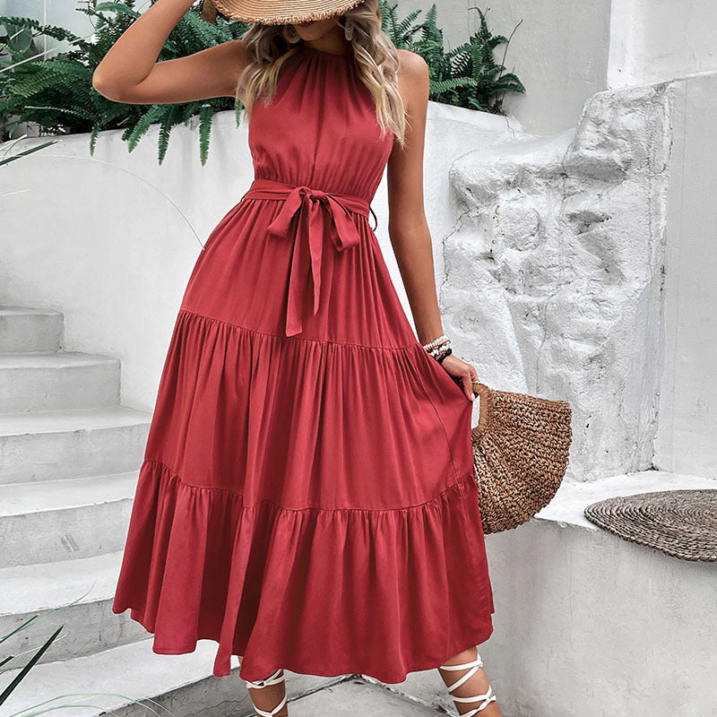 Damen Maxikleid V-Ausschnitt Taillengurt Norvielle