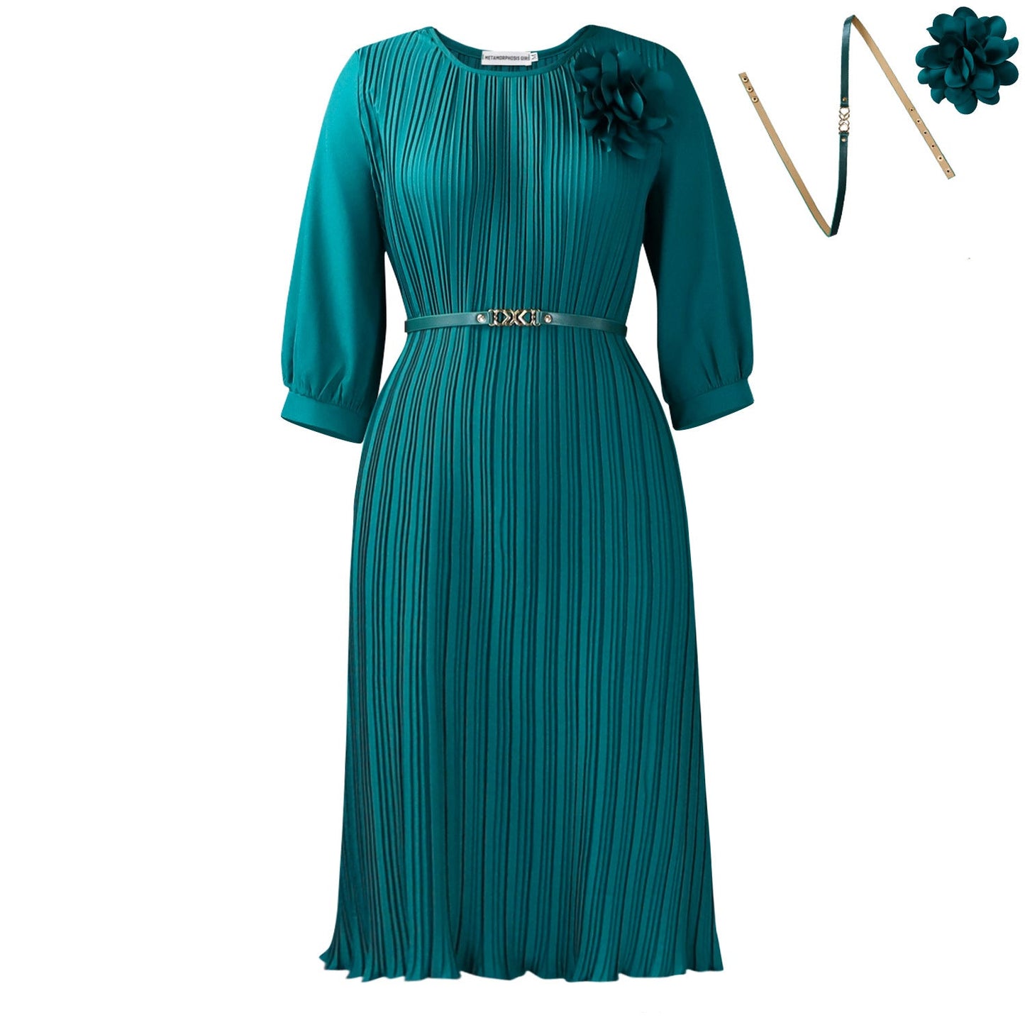 Damen Midi-Kleid Plissee Blumenapplikation Norvielle