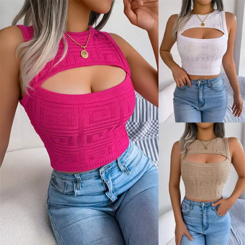 Damen Crop- Strukturiert Cut-Out-Design Schwarz - Norvielle