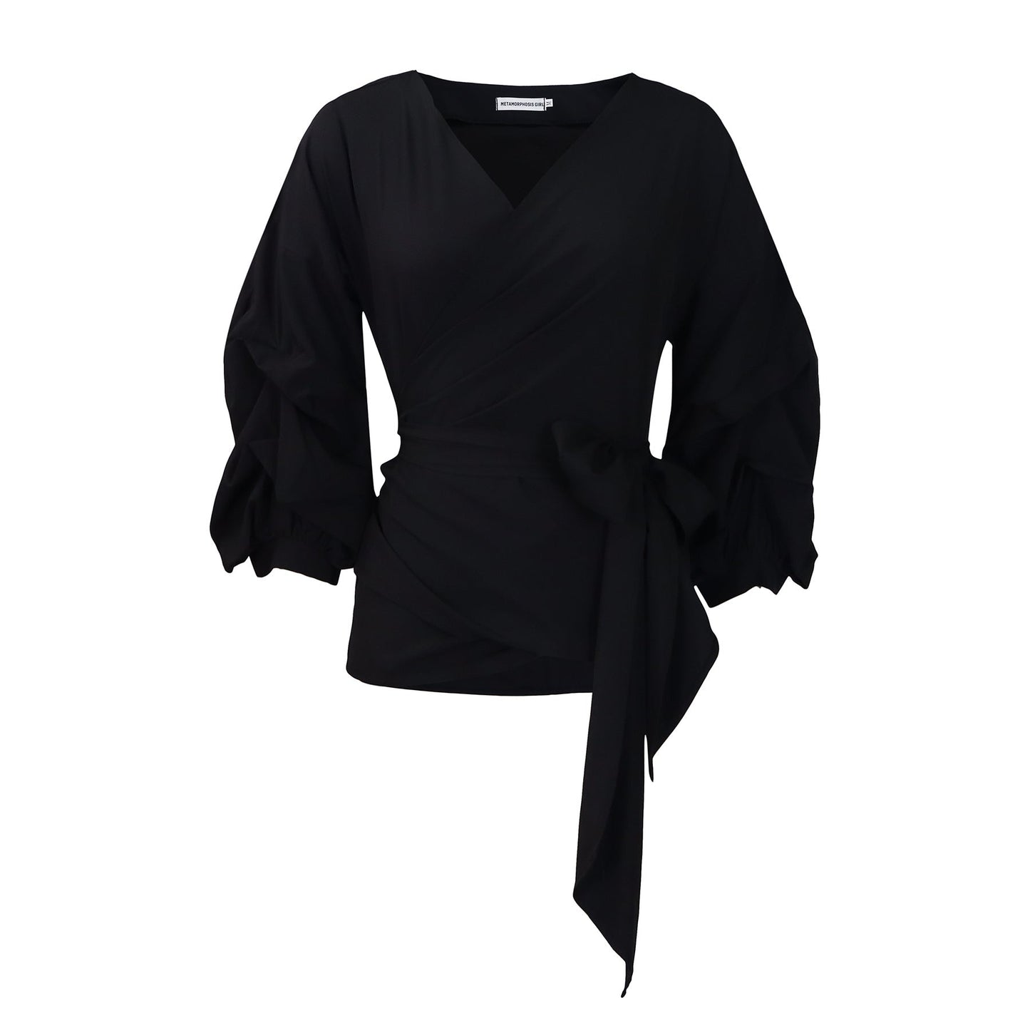 Damen Wickelbluse Voluminöse Ärmel Eleganter Taillengürtel