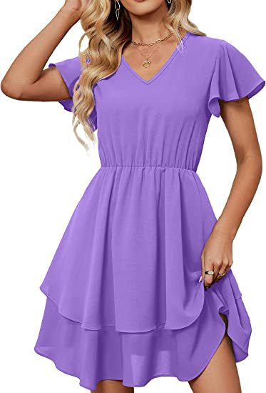 Damen Freizeitkleid Fließender Rock Rüschenärmel Norvielle