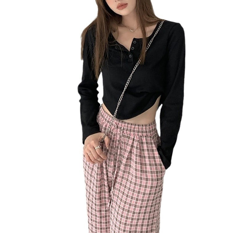 Damen Langarmshirt Rippdesign Knopfleiste Weiß