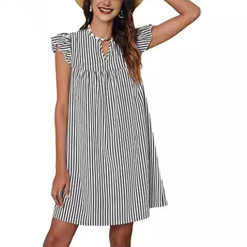 Damen Strandkleid Fließender Schnitt Voluminöse Rüschenärmel Norvielle