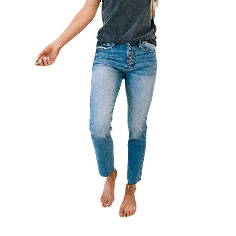Damen High-Waist Jeans Knöpfbarer Einsatz Französer Saum Norvielle