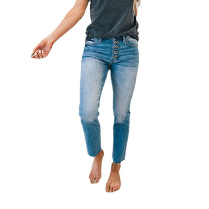 Damen High-Waist Jeans Knöpfbarer Einsatz Französer Saum Norvielle