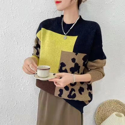 Damen Pullover Grobstrick Leo-Design Bunt Norvielle