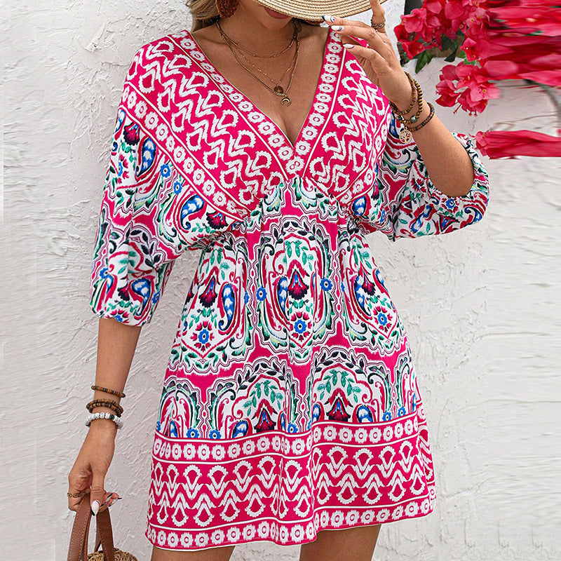 Damen Boho-Kleid Weite Ärmel Florales Muster Norvielle