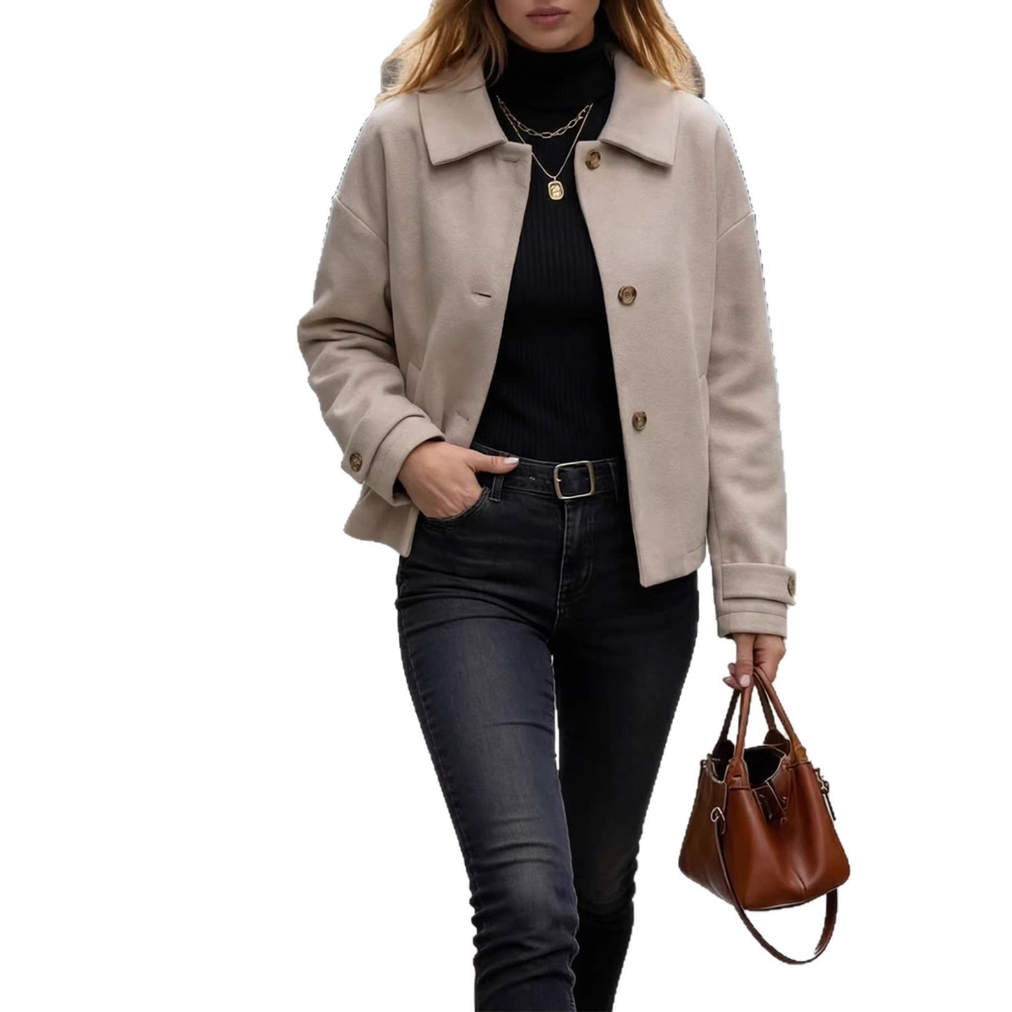 Damen Overshirt Weiches Norvielle-Material Knopfverschluss Beige