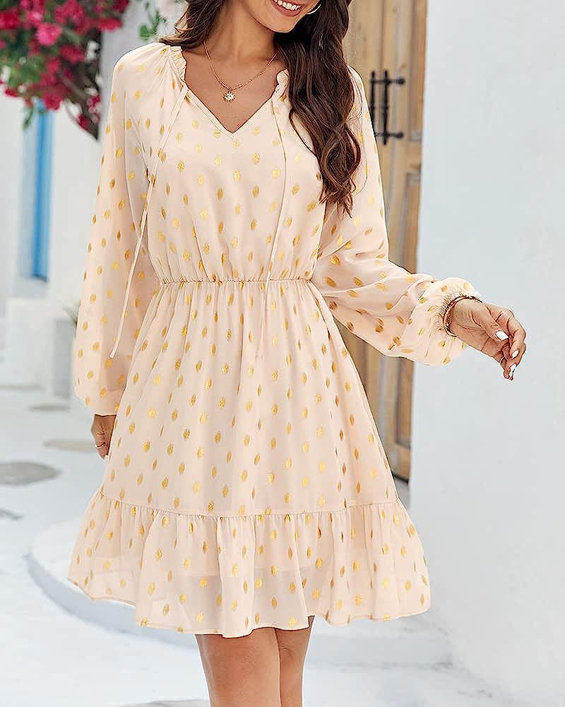 Damen Leinenkleid Lässig Rüschendetails Beige