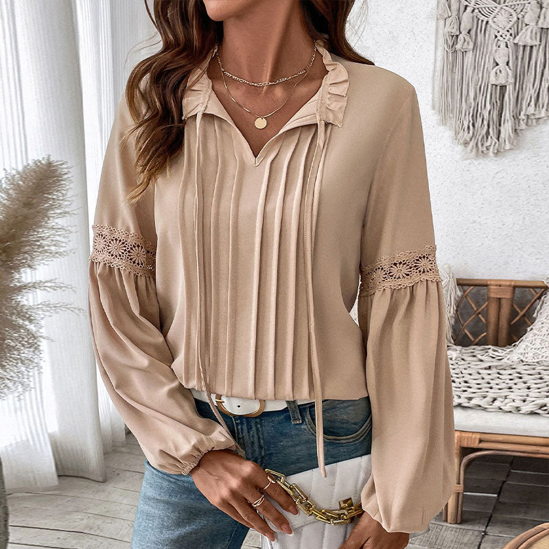 Damen Longbluse Spitzenakzente Feine Falten Norvielle
