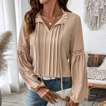 Damen Longbluse Spitzenakzente Feine Falten Norvielle
