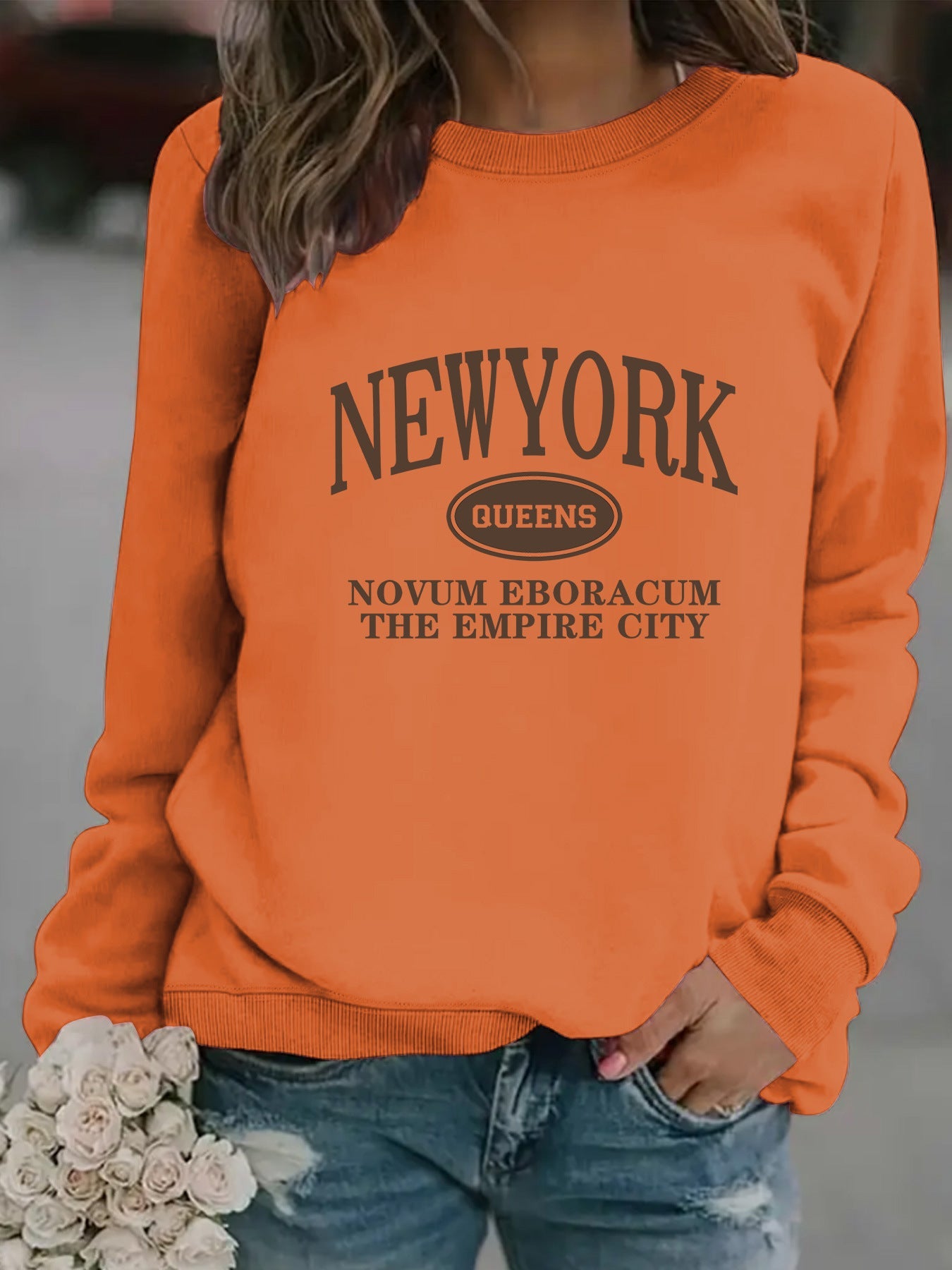 Damen Sweatshirt New Yorker Schriftzug Baumwolle Weiß