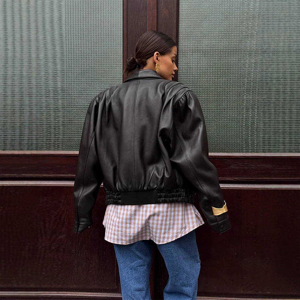 Damen Lederblazerjacke mit Puffärmeln