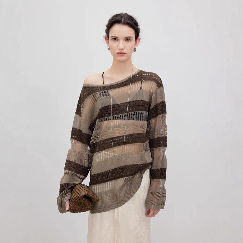 Damen Strickpulli Luftiger Look Lochmuster Beige
