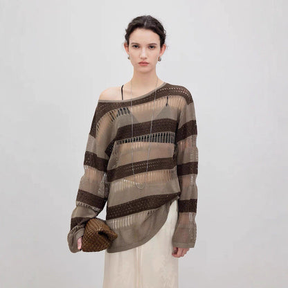 Damen Strickpulli Luftiger Look Lochmuster Beige