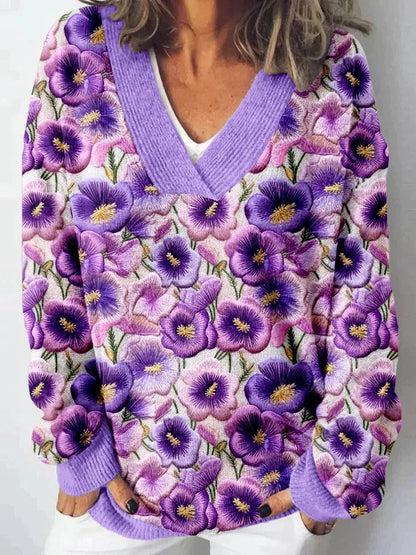 Damen Pullover V-Ausschnitt Floralmuster Lässig Norvielle