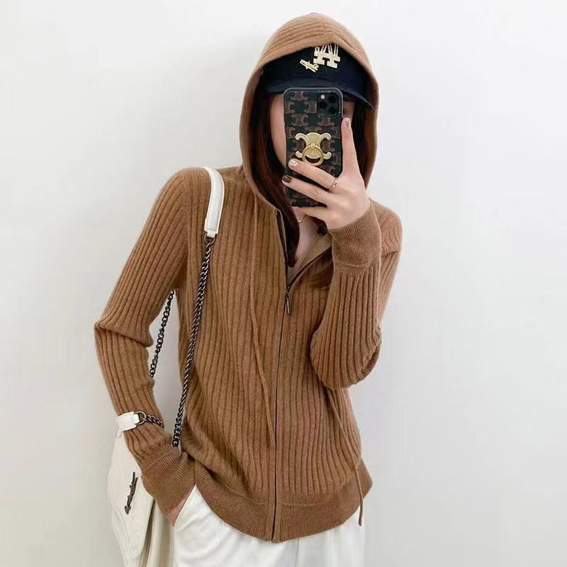 Damen Strickjacke Kapuze Reißverschluss Norvielle