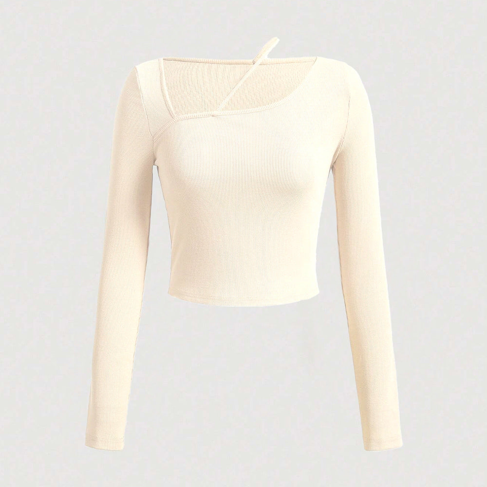 Damen Langarm Crop- Asymmetrischer Ausschnitt Rippstruktur Weiß - Norvielle