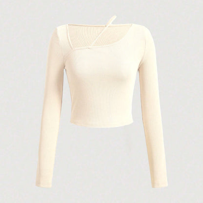 Damen Langarm Crop- Asymmetrischer Ausschnitt Rippstruktur Weiß - Norvielle